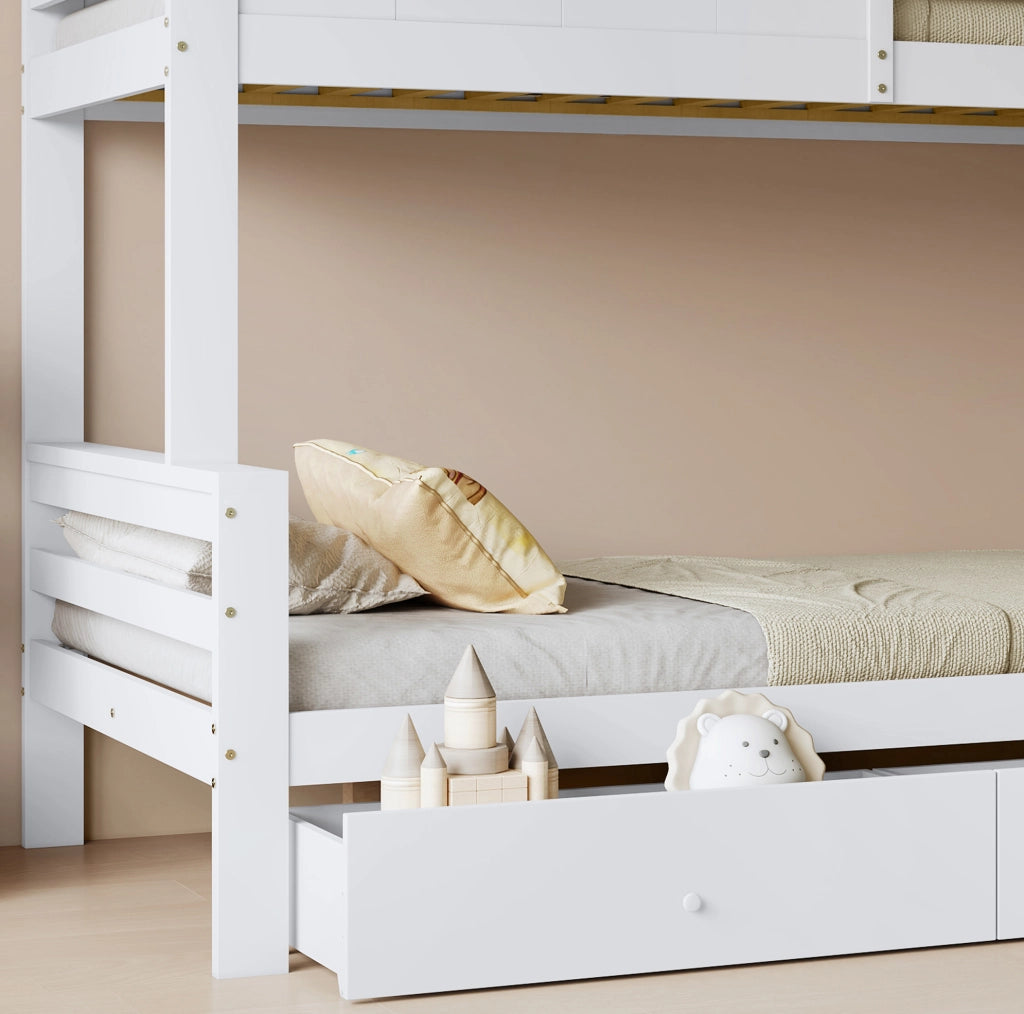 Letto a castello con finestra decorativa, scivolo, scala a 4 gradini e 2 cassetti