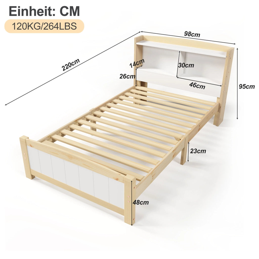 Letto singolo 90x200 cm in legno massiccio bianco con testiera contenitore e rete a doghe