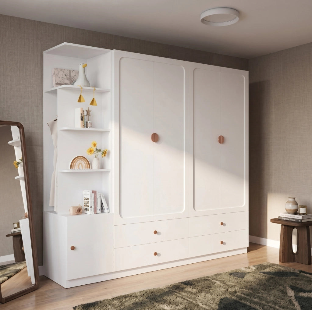 Armadio bianco con 3 aste appendiabiti e 4 cassetti; 225 x 45 x 200 cm