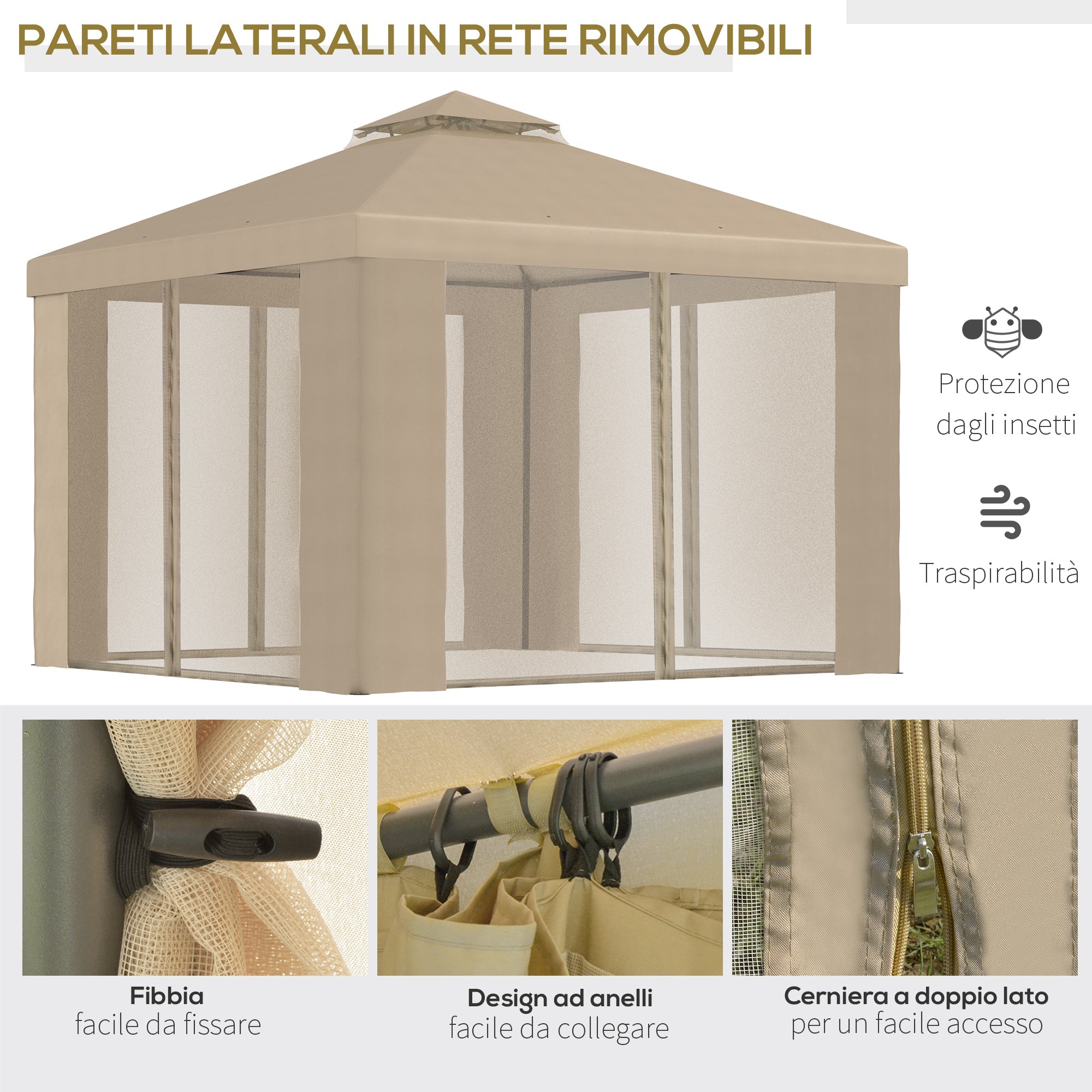 Gazebo da Giardino 3x3m con Zanzariera in Metallo Cachi