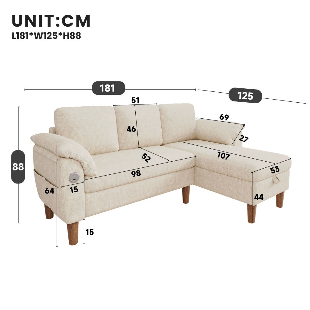 Divano angolare 3 posti con chaise longue contenitore e USB in chenille beige