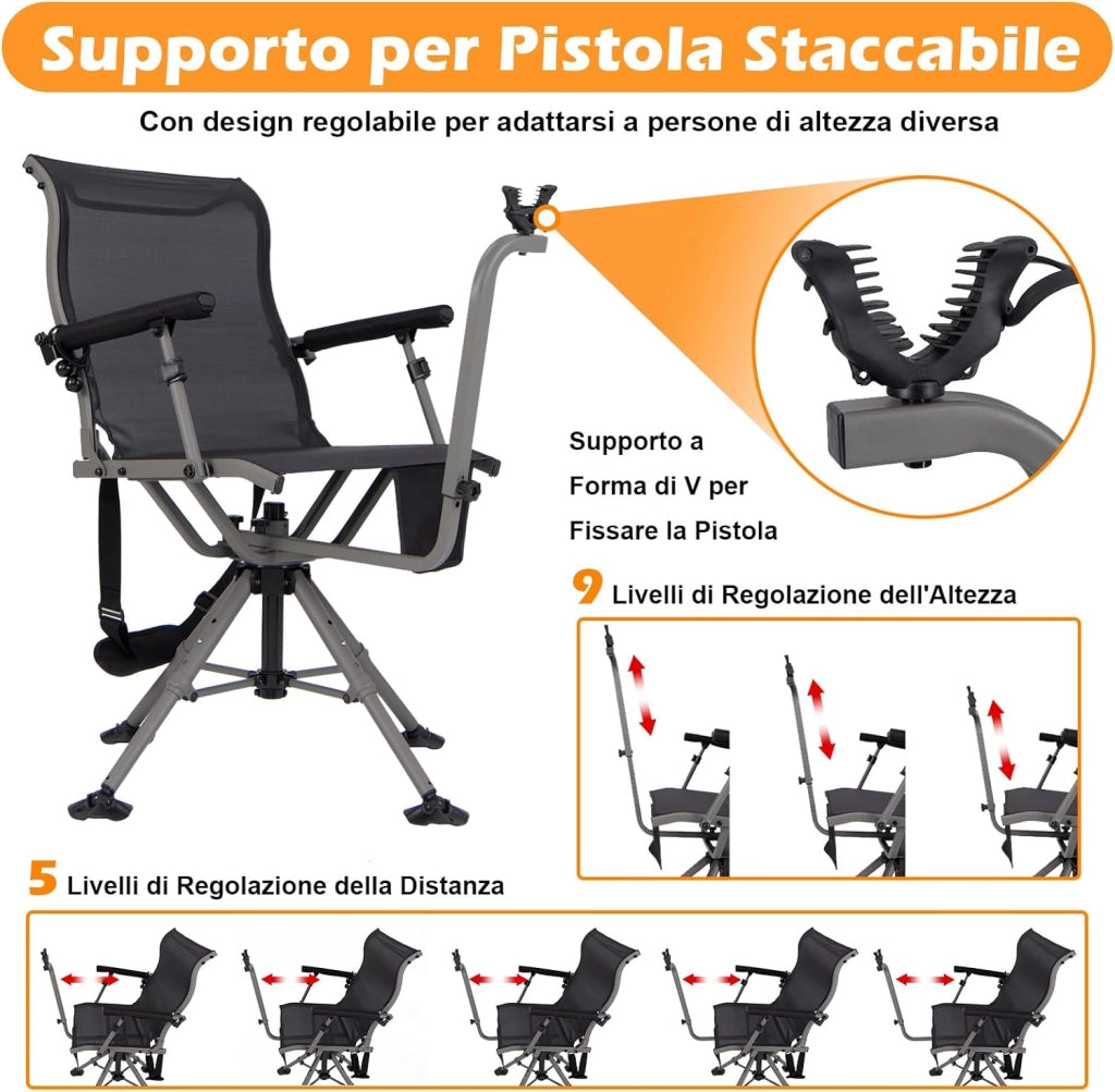 Sedia da Caccia, Sedia da Cecchino Pieghevole con Gambe e Supporto per Fucile Regolabili, Girevole Silenziosa a 360°, Schienale Ergonomico, Sedia da Terra Portatile, Portata 150 kg