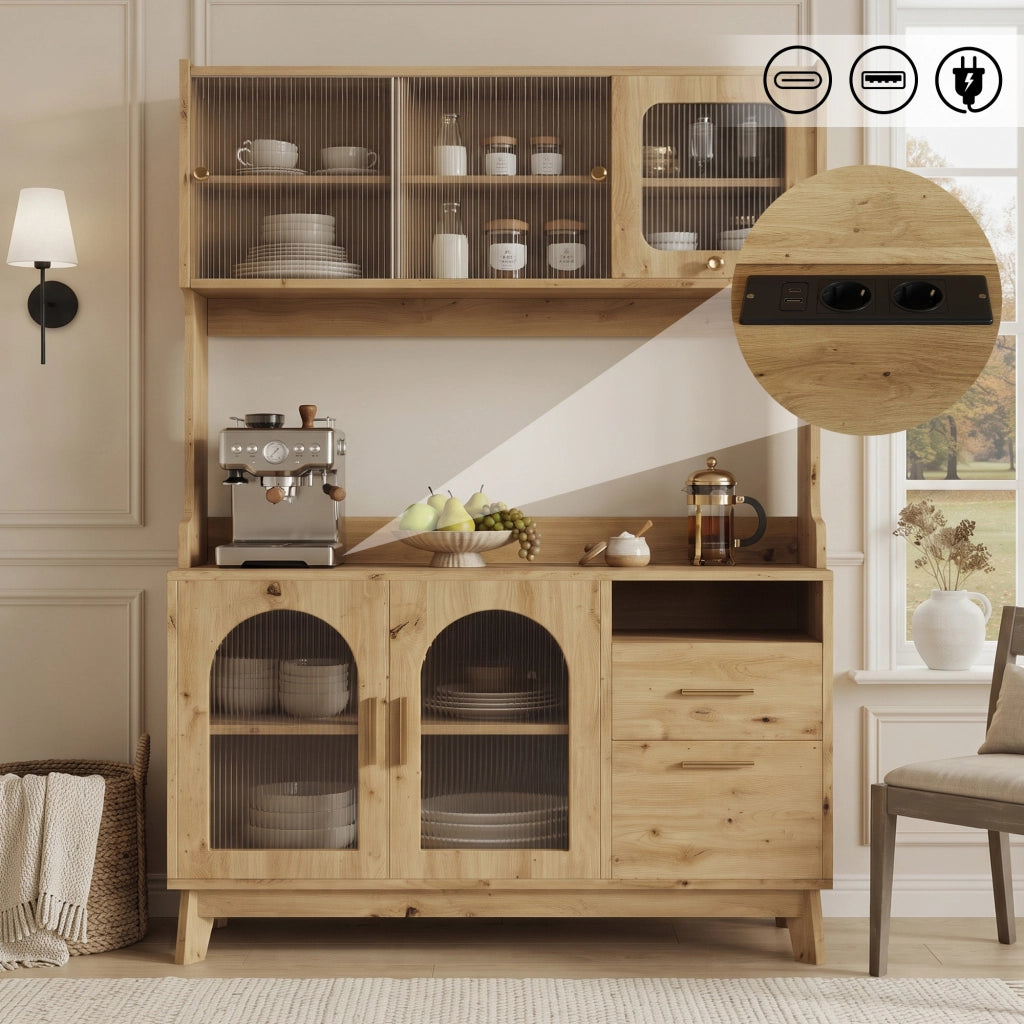 Credenza alta 120x40x178 cm con prese integrate e porte USB, effetto legno