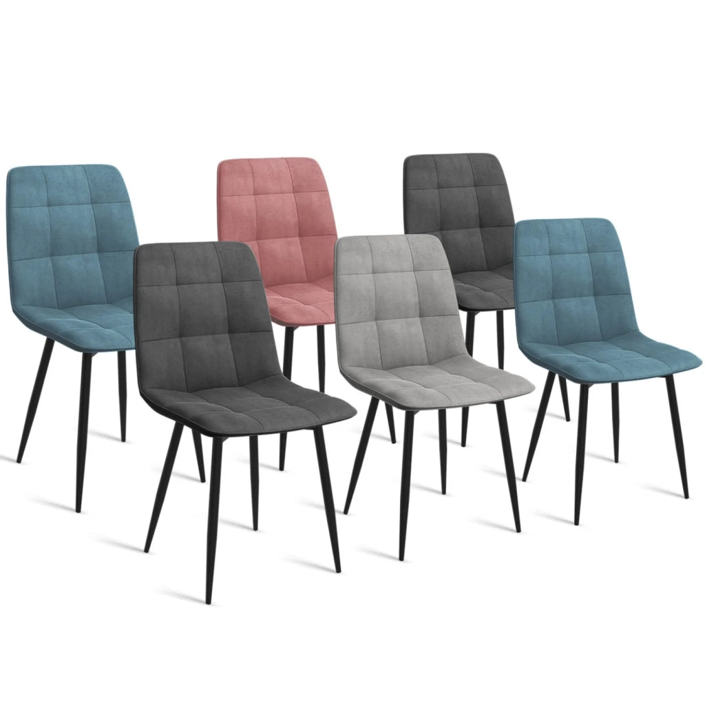 IDMarket - Set di 6 sedie in velluto misto MILA blu pastello x2, grigio scuro x2, grigio chiaro e rosa