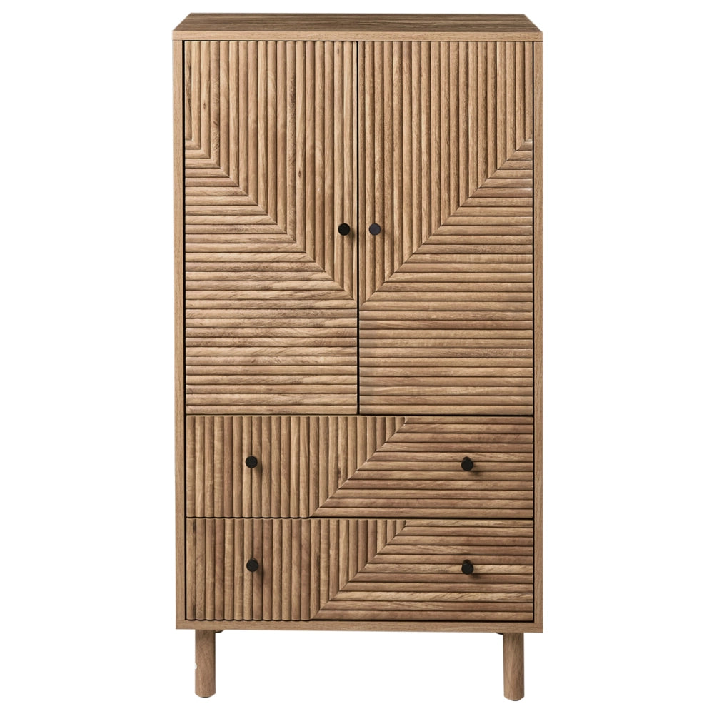 Mobile alto MDF marrone chiaro con gambe in legno di pino e 2 cassetti, design moderno
