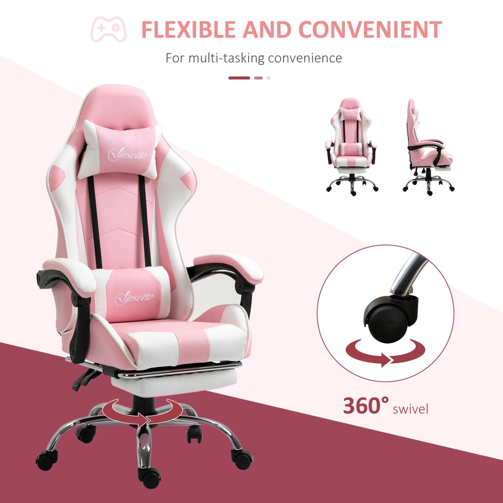 Sedia da gaming ergonomica con poggiapiedi, altezza regolabile e ruote girevoli 360°, in pelle sintetica rosa