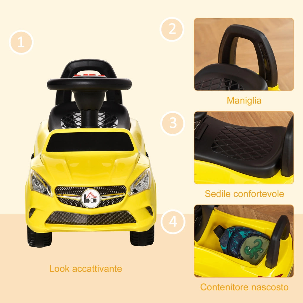 EasyComfort Macchinina per Bambini Cavalcabile con Volante, Fari e Musiche Integrate, Macchina per Bambini in PP e Metallo, 63.5x28x36 cm, Giallo