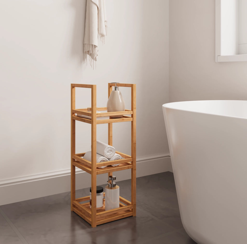 Scaffale da bagno 70x26x26 cm in bambù naturale， 3 ripiani， salvaspazio