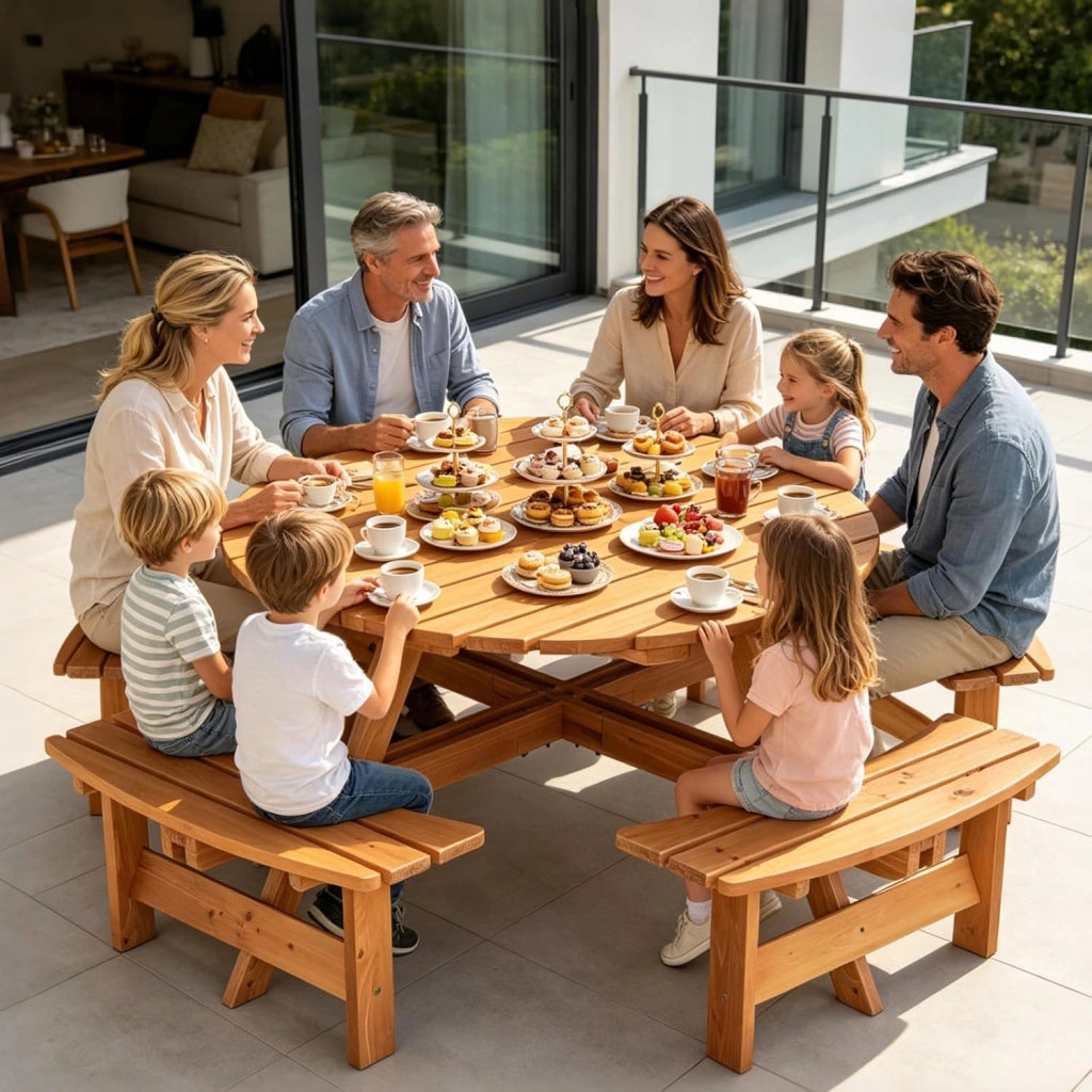 Set da Giardino per 8 Persone in Legno di Abete, Tavolo con Sedie Integrato e Foro per Ombrellone, Mobili da Esterno per Terrazza, Cortile e Pic-Nic, 178 x 70 cm