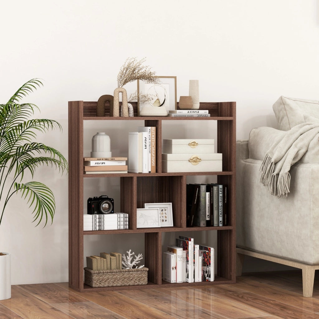 Libreria a cubi aperti con 7 scomparti, Mensola espositiva per l'archiviazione in legno per studio soggiorno Noce-Librerie