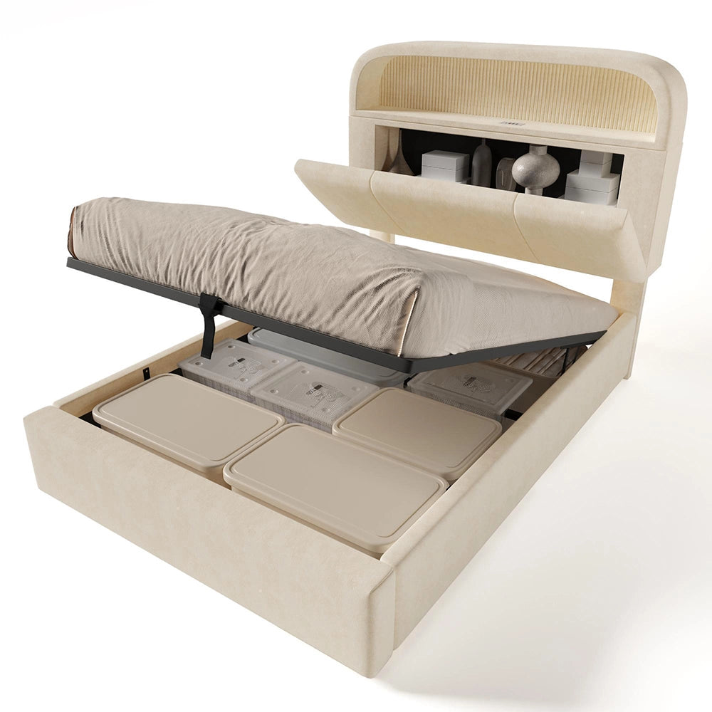 Letto Singolo Idraulico 90x200cm - Xylo - Testiera Regolabile LED con USB, Velluto Beige