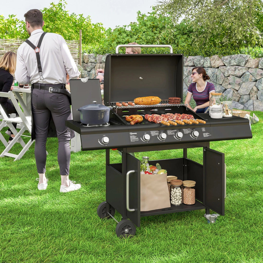 Barbecue a Gas con Fornello Laterale, Tavolino e Armadietto, in Acciaio e PP, 129.5x56x110 cm, Nero