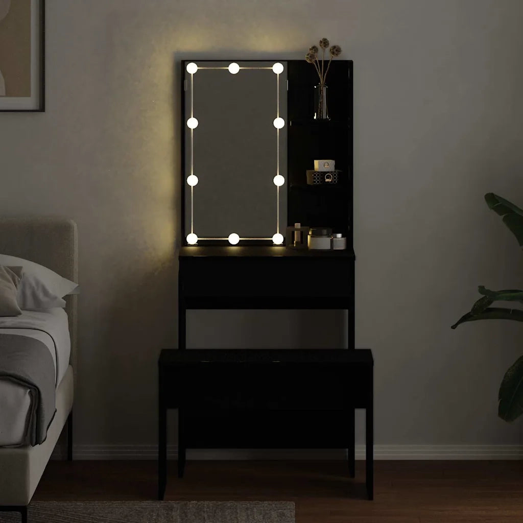 Set Tavolo da Trucco LED 2 pcs Rovere Nero Legno multistrato 3333069