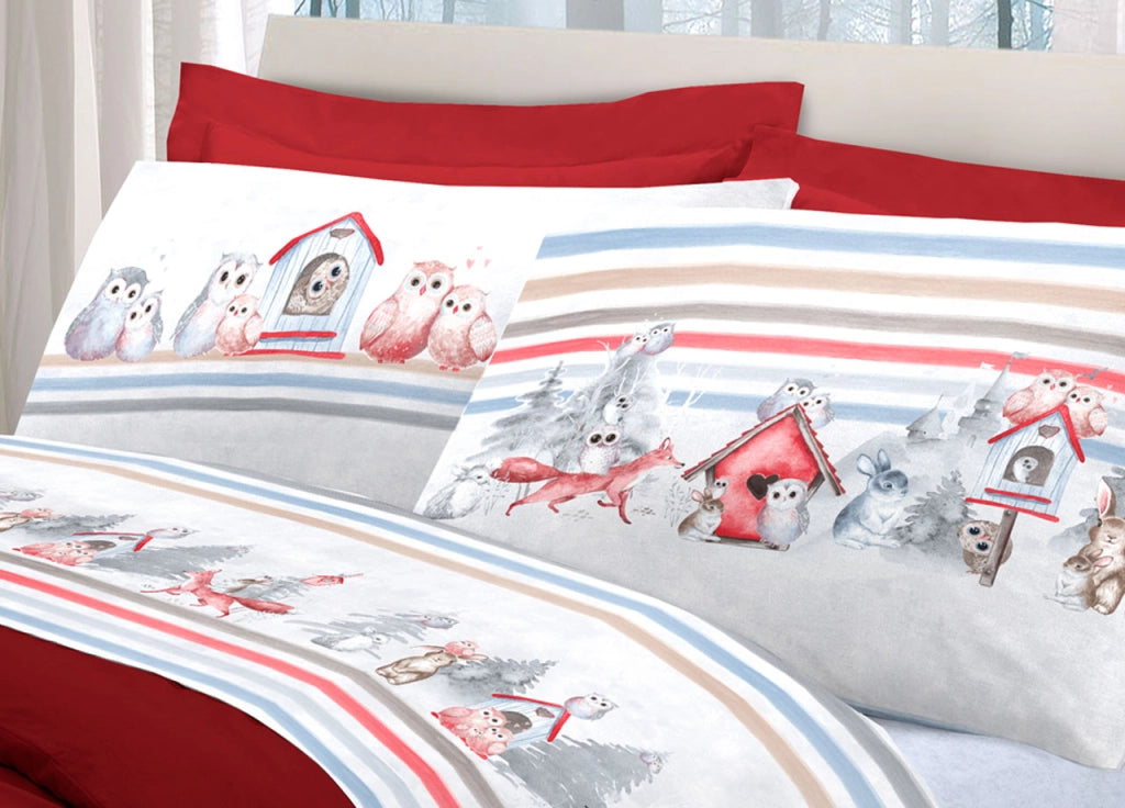 Completo Lenzuola Letto Pensieri Delicati 100% Cotone Disegno Gufi - Piazza E Mezza - Rosso