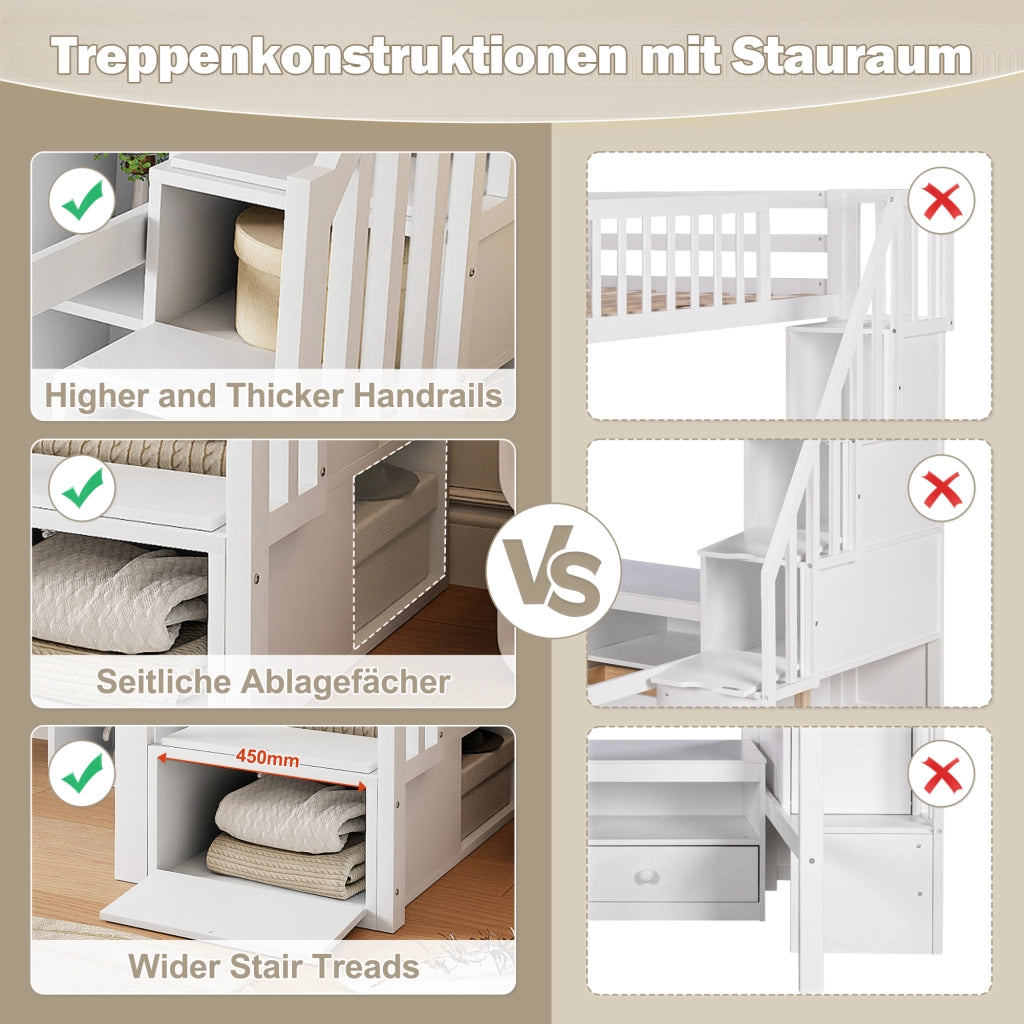 Letto a soppalco 90 x 200 cm; letto singolo con LED; scala contenitore; scaffali e scrivania; senza materasso