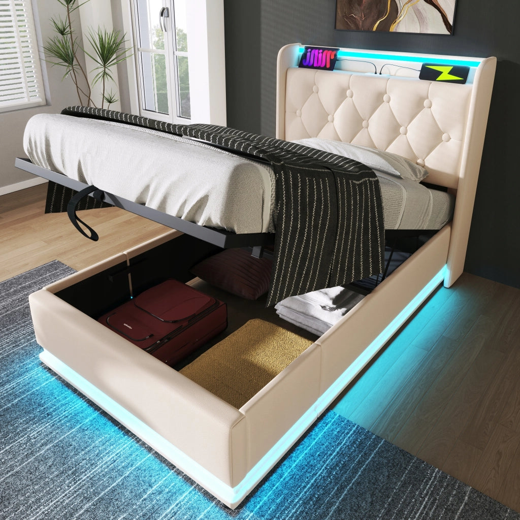 Letto imbottito 90x200 - Xylo - Bianco, idraulico, LED, USB-C