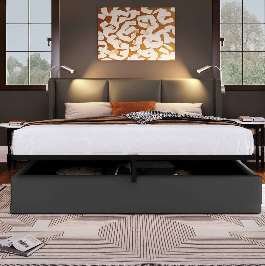 Letto contenitore 180x200 cm con LED, 2 porte USB e testiera imbottita