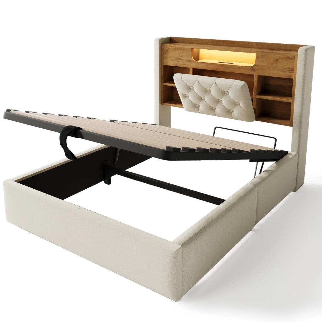 Letto 90x200 cm con contenitore; LED e testiera con ripiani in lino beige