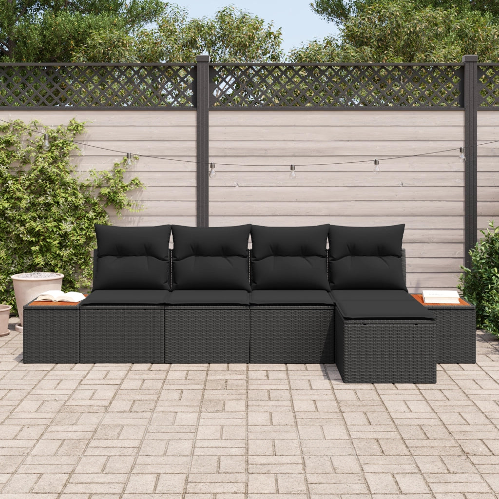Set di divano da giardino a 5 pezzi con cuscini in polyrattan nero di
