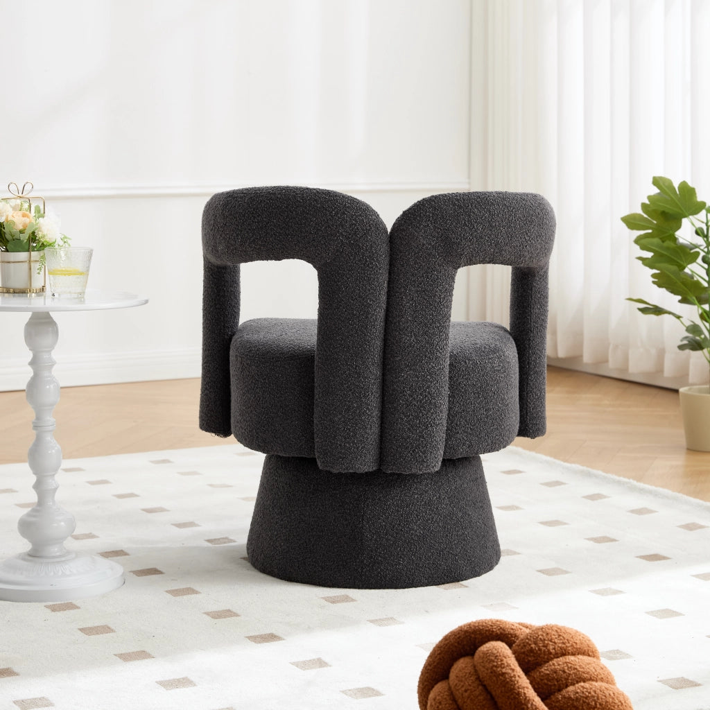 Poltrona Girevole 360° con Seduta Ampia Imbottita; Braccioli Arrotondati; Base in Metallo; in Bouclé Grigio Scuro