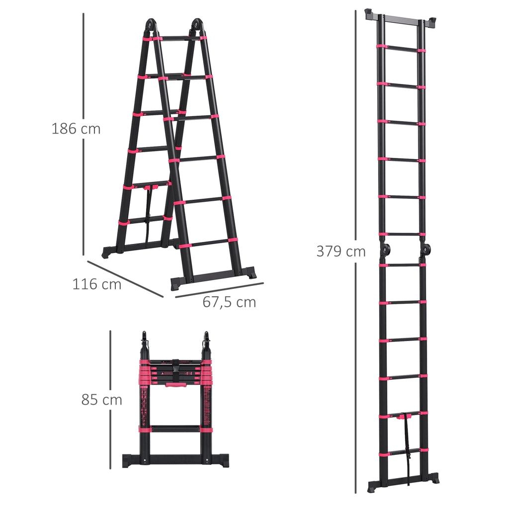 Scala Pieghevole in Alluminio 12 Gradini Antiscivolo 150 kg ¨C zephmum ¨C 379x67.5x11 cm Nero e Rosso