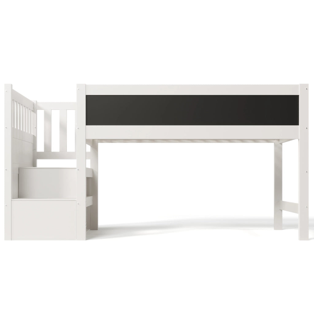 Letto a soppalco 90x200 cm con scala contenitore e lavagna in legno bianco