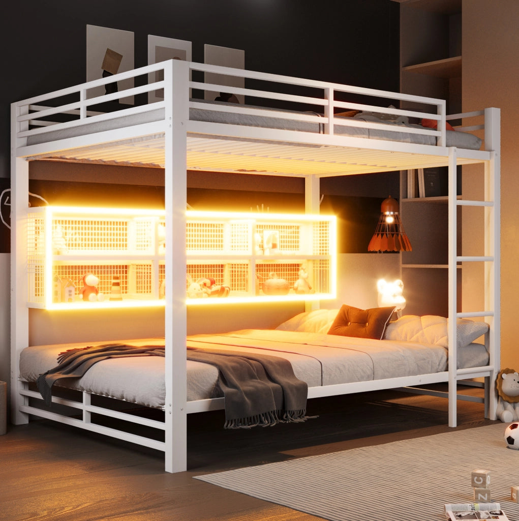 Letto a castello 140x200 cm in metallo bianco con 6 armadietti e LED HAVRYA