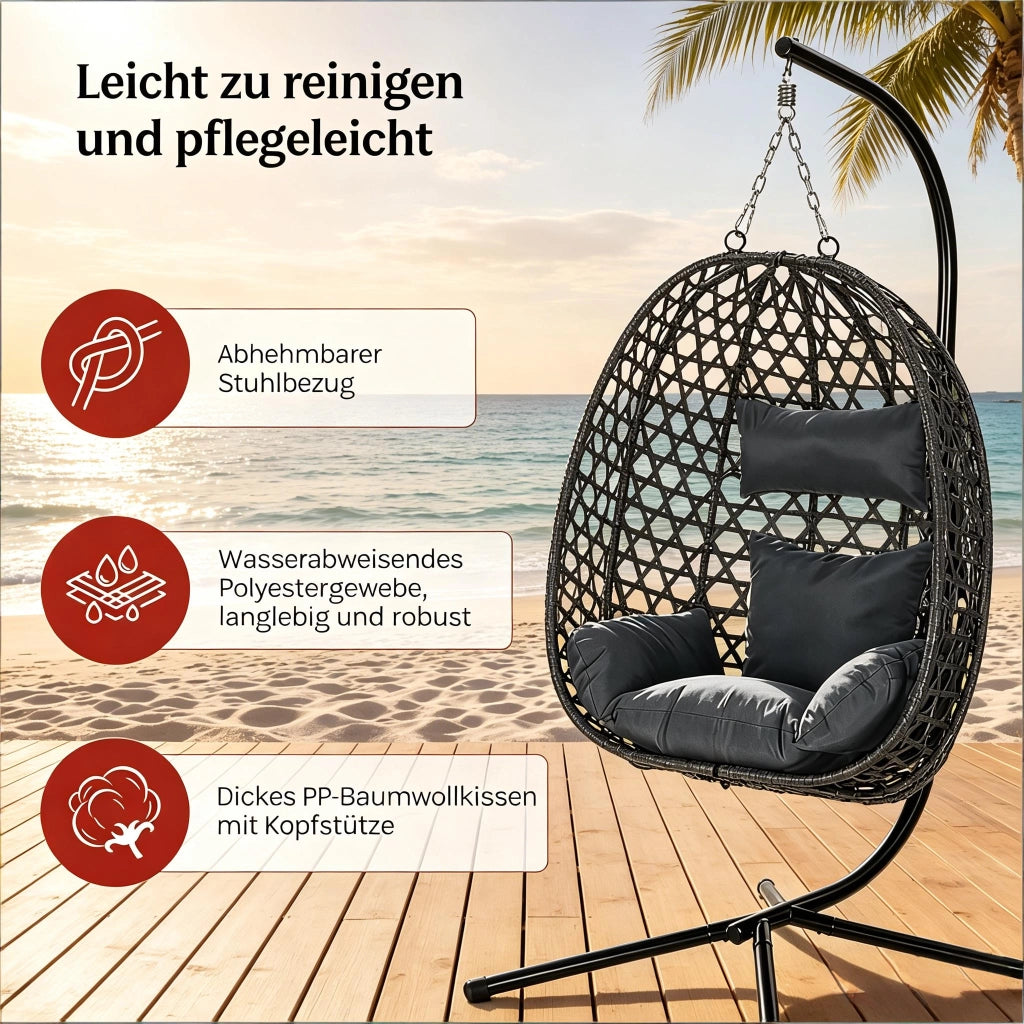 Fauteuil suspendu in rattan PE con altezza regolabile e base stabile, con cuscino e poggiatesta, grigio scuro