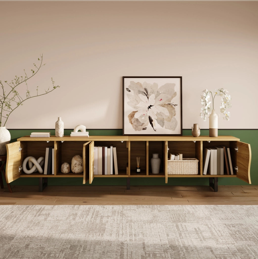 Mobile TV 191x38x46.5 cm con ante curve e ripiani aperti in MDF e pannelli di particelle naturale