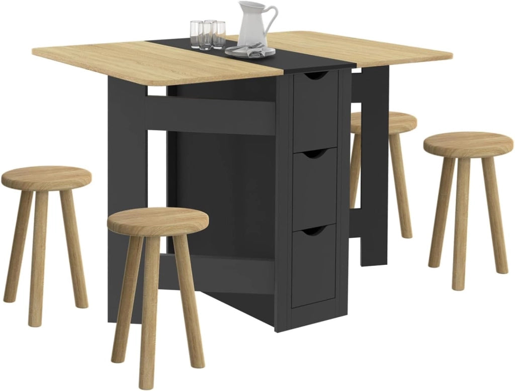 EDI Consolle pieghevole per 2-4 persone con 3 cassetti neri, piano effetto faggio 103 x 76 cm