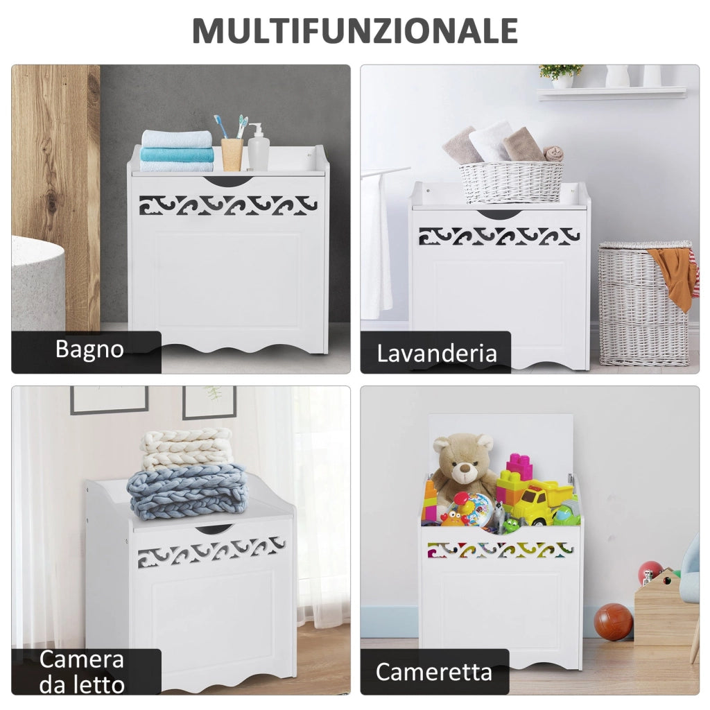 Mobiletto Bagno Portabiancheria in Legno 55x34x58 cm  Floreale Bianco