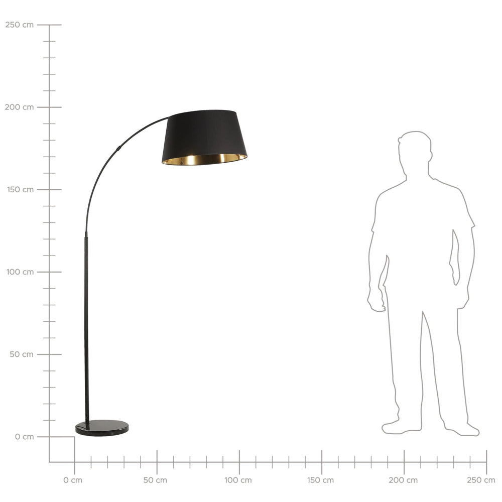 Lampada da terra in metallo nero 187 cm Struttura curva paralume a tamburo in cotone Base in marmo Design moderno