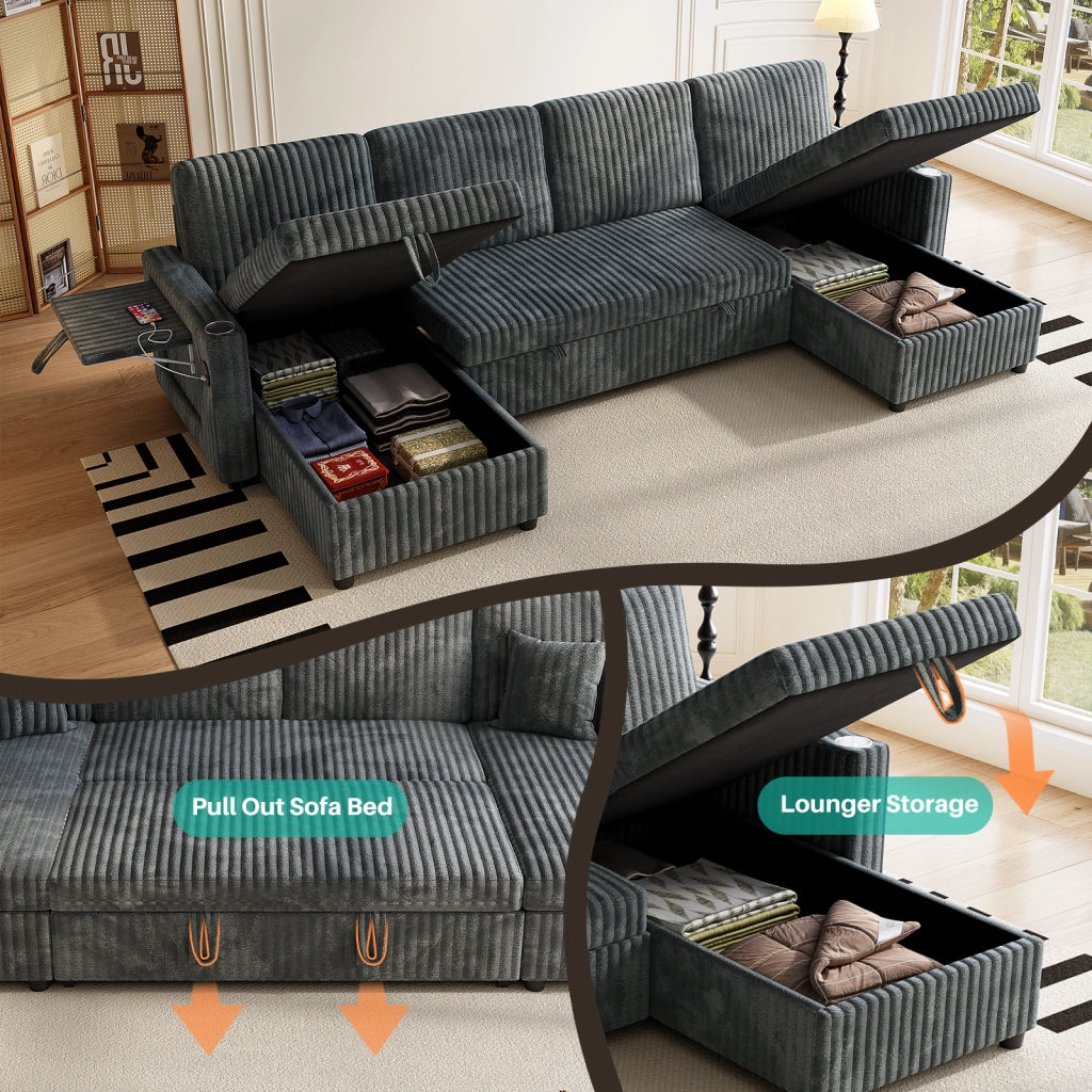 Divano panoramico a U modulare con funzione letto contenitore USB e braccioli regolabili in velluto a coste grigio