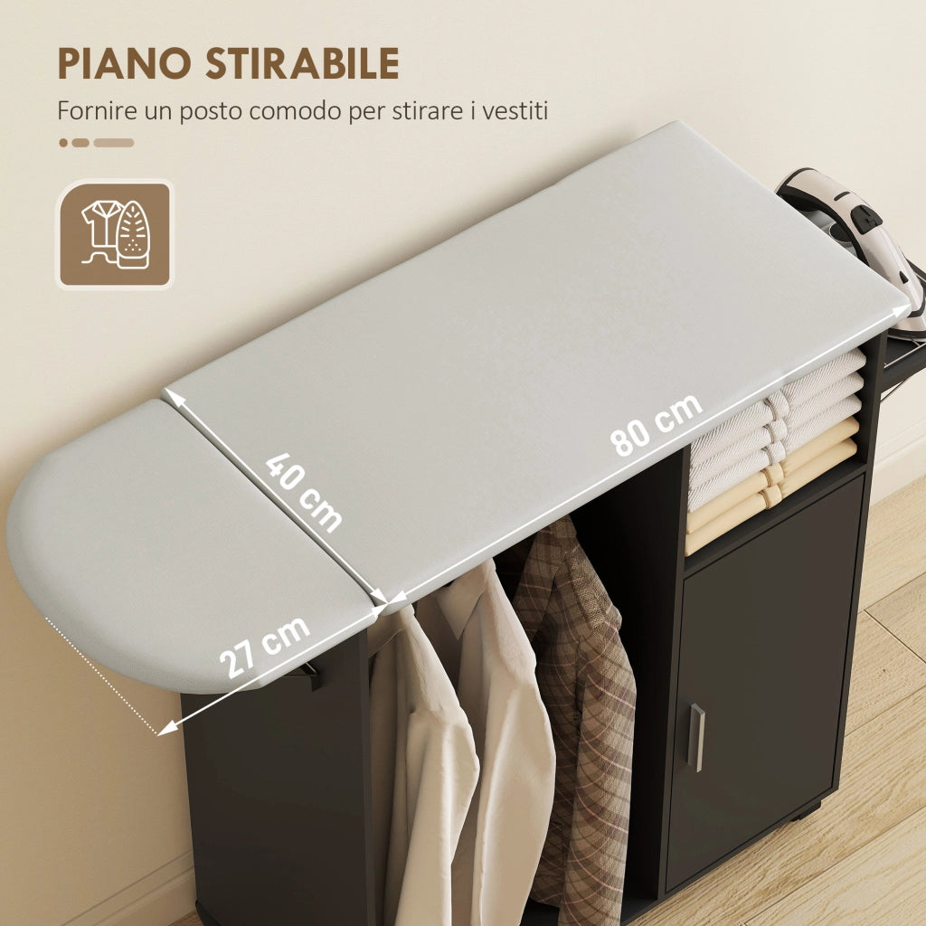 Mobile Asse da Stiro con Piano d'Appoggio ¨C Zephmum ¨C Effetto Lino, Nero, 127x42.5x99 cm