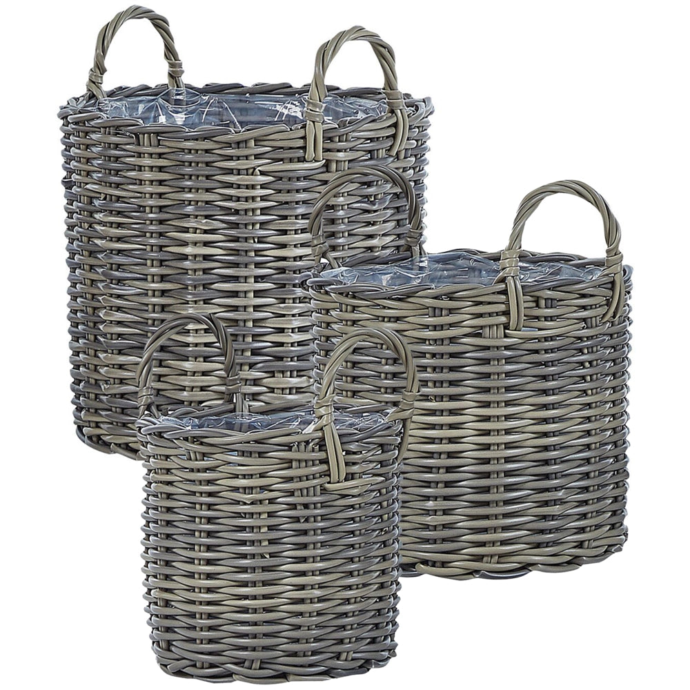 Set di 3 cesti per piante da esterno fioriere rivestite in rattan sintetico marrone talpa