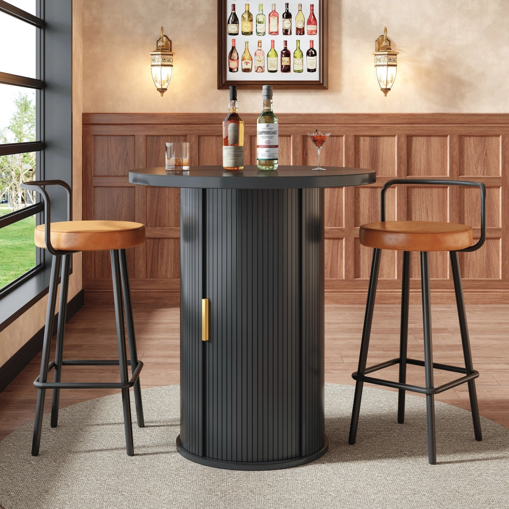 Tavolo Alto Rotondo con Sgabelli ¨C MINIMAL ¨C Legno, MDF, con Vano Contenitore
