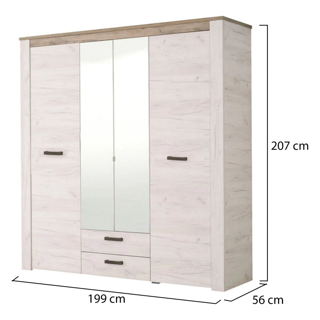 Armadio Camera da Letto Caiano, Guardaroba Grande 2 Cassetti, 198.5x206.5h cm Bianco Larice