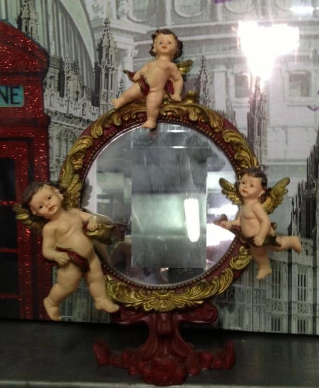 Specchio Decorativo Natalizio in resina con 3 angeli Rosso e Oro