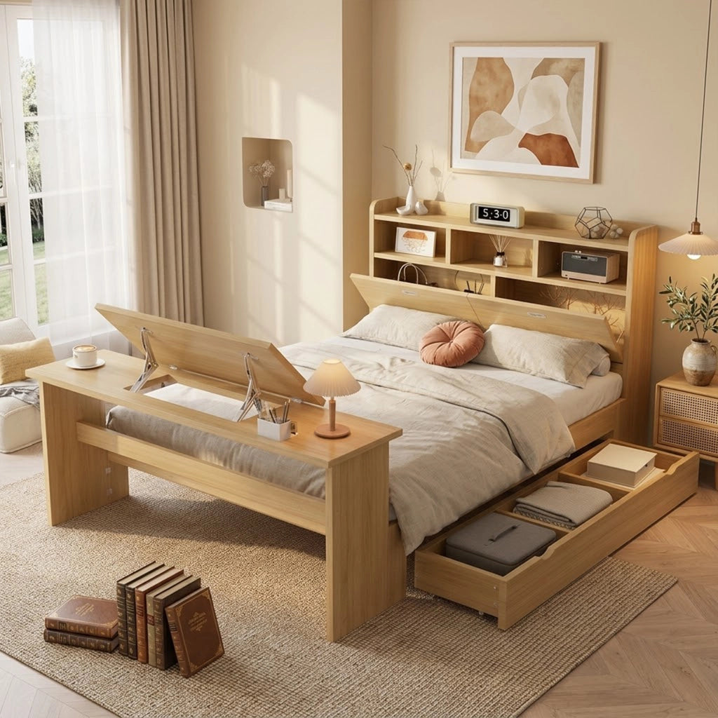 Letto con Cassetti 140 x 200 cm - Testiera con Mensole; Tavolo Pieghevole e Cassetto