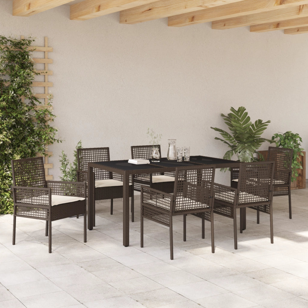 Set da Pranzo da Giardino 7 Pezzi con Cuscini in Rattan Sintetico Marrone