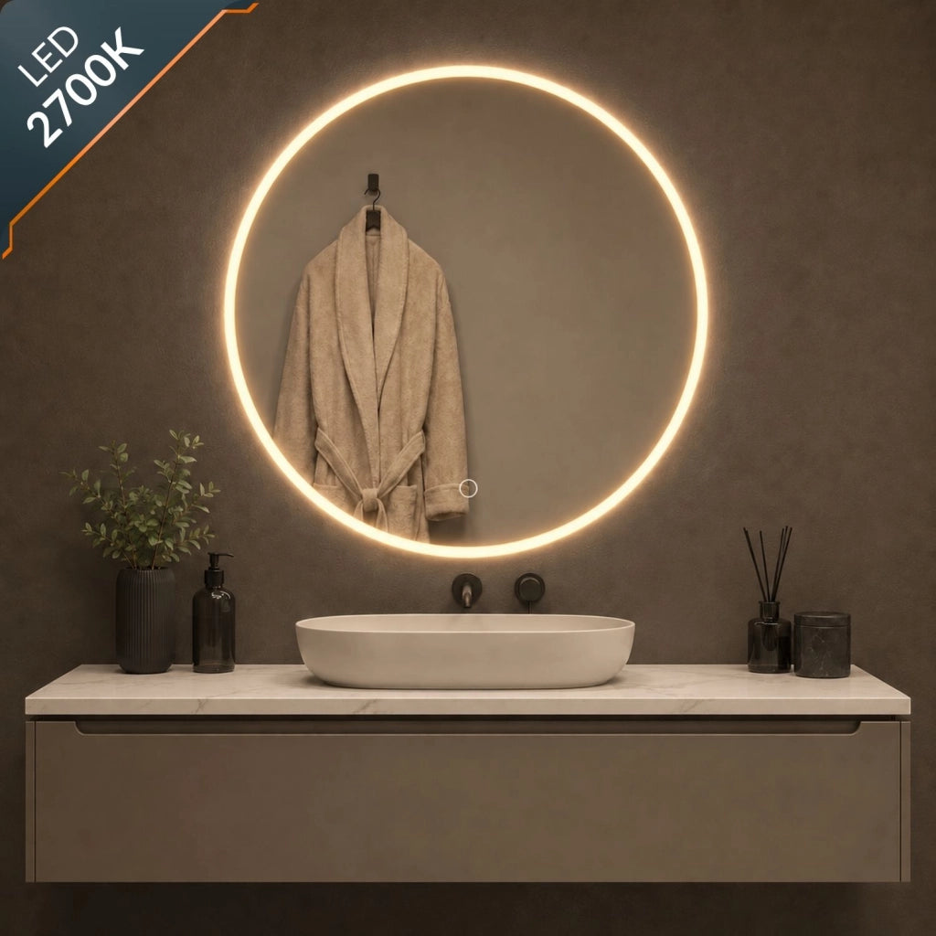 Specchio tondo led dimmerabile con interruttore touch per arredo bagno elegante da parete *** misura Ø90, tonalità ...
