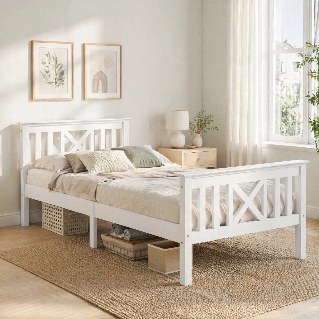 Letto singolo 90x200 cm in legno massello di pino bianco con testiera a X e rete a doghe