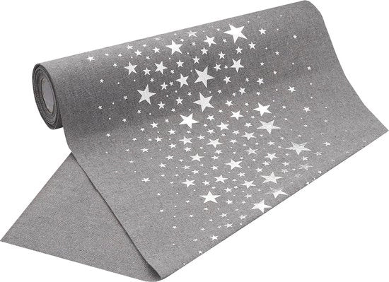 Telaio per tavola in stile lino grigio, stelle in argento (28 cm x 5 m), fascia per tavola, elegante decorazione per tavola per Natale e periodo dell'Avvento, decorazione festiva per occasioni speciali