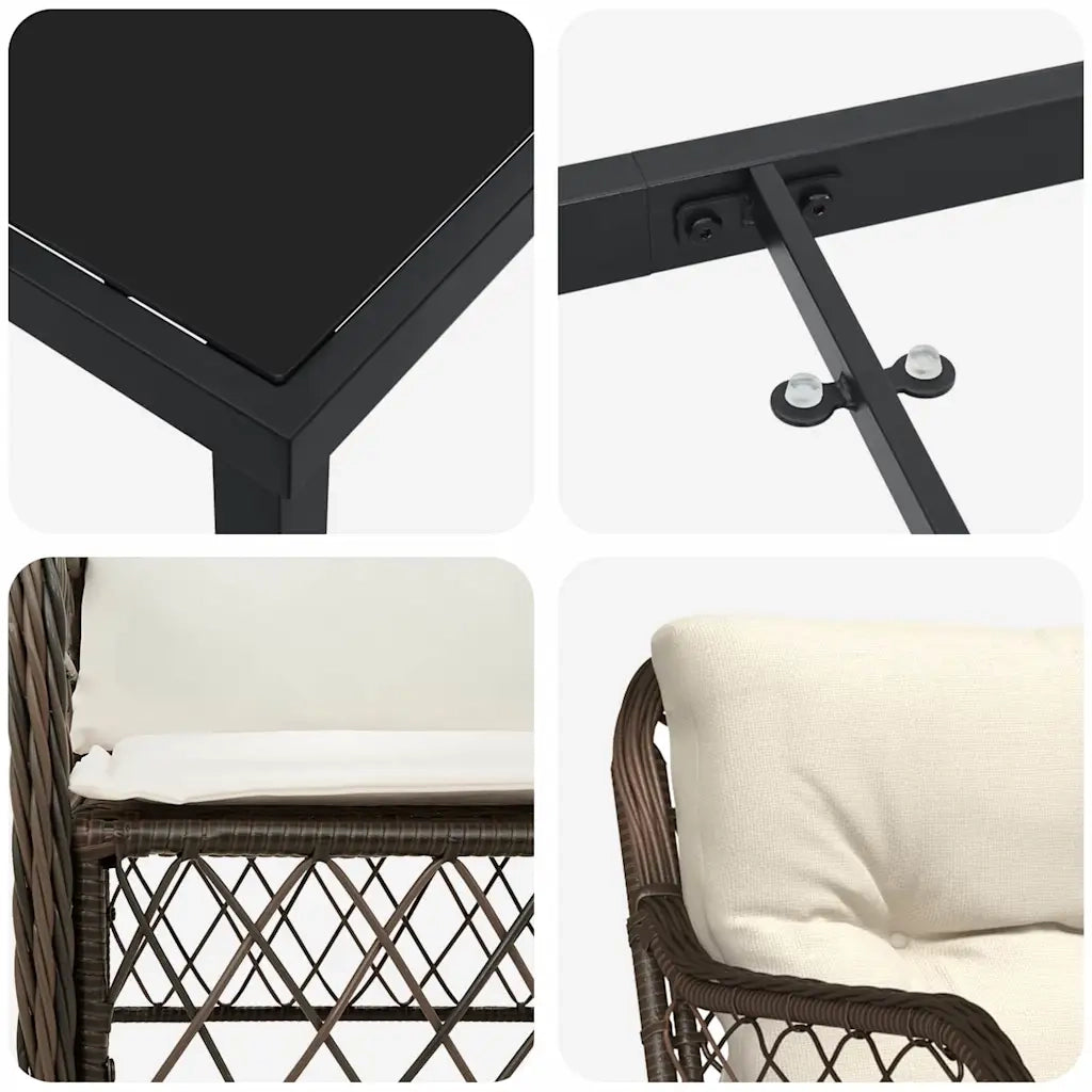 Set da Pranzo per Giardino con cuscino 3 pcs Marrone polyrattan 3380211