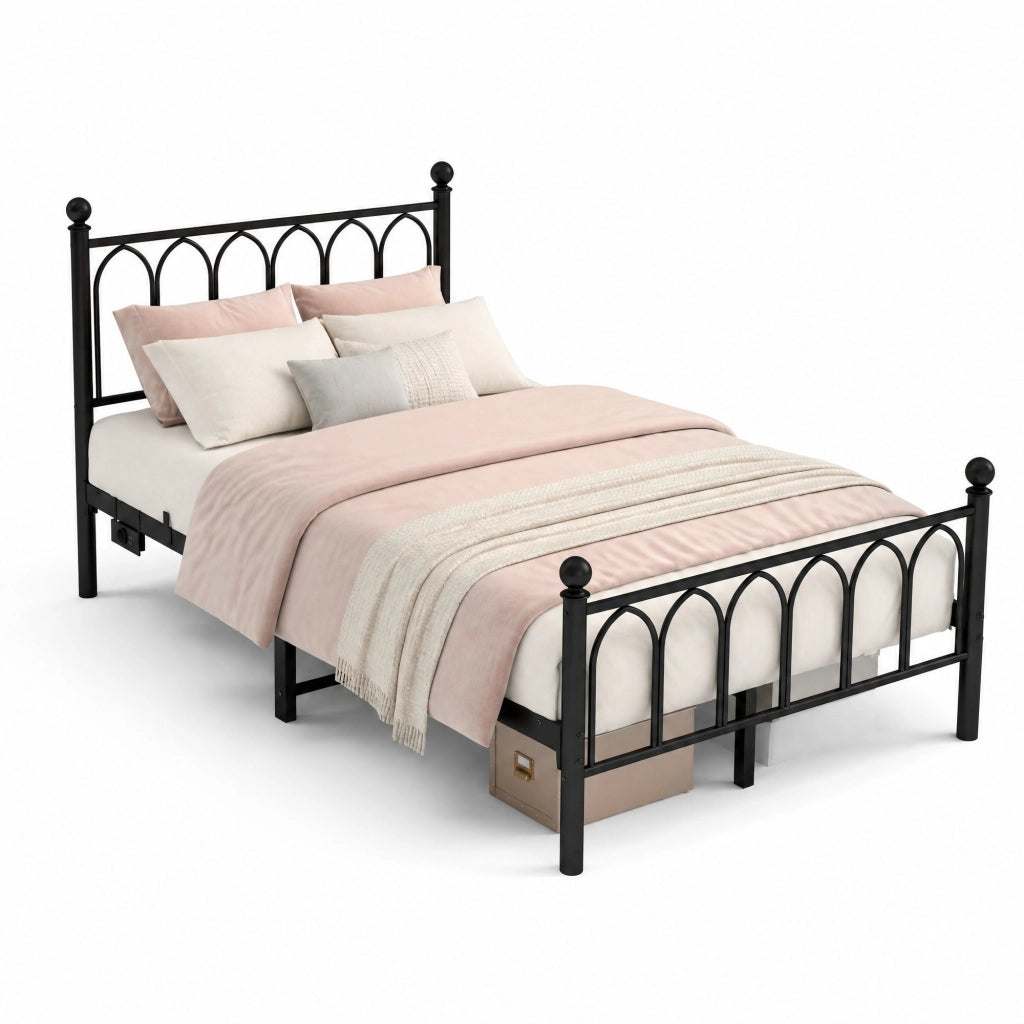 Letto matrimoniale in metallo 120x200 cm con LED, USB, presa, testiera alta, nero