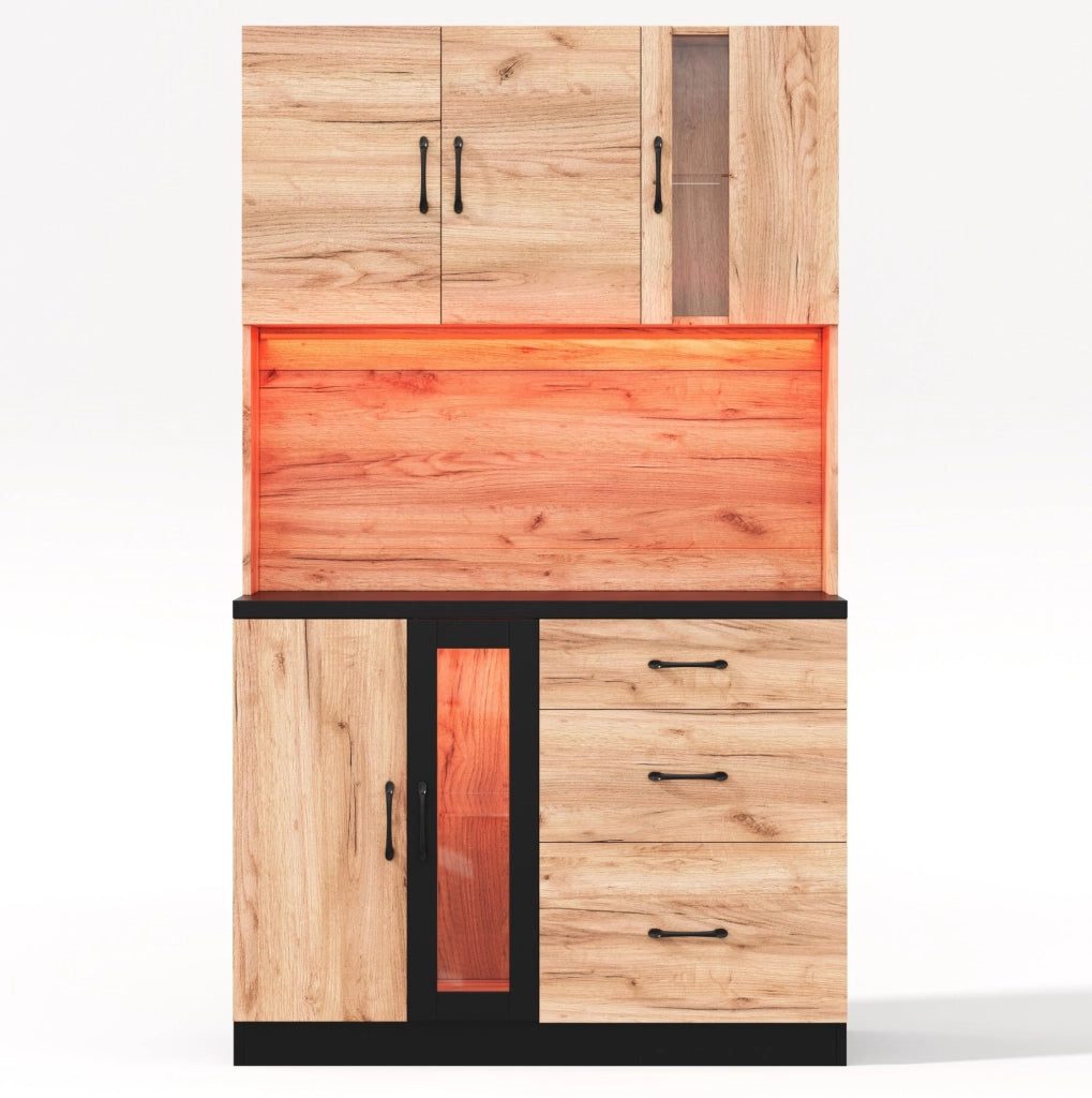 Credenza cucina moderna 105x40x180 cm in MDF; nero effetto legno con LED e prese
