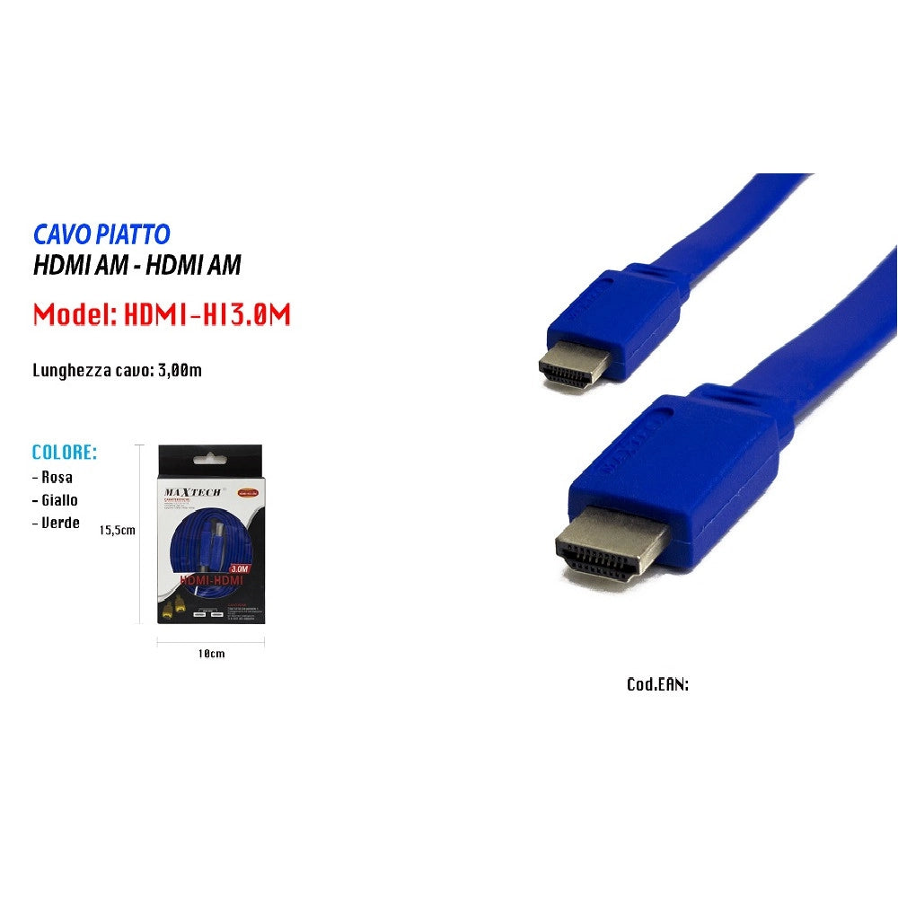 Trade Shop - Cavo Piatto Hdmi Am - Hdmi Am Full Hd 3 Metri Per Pc Tv Xbox Maxtech Hdmi-hi3.0m -