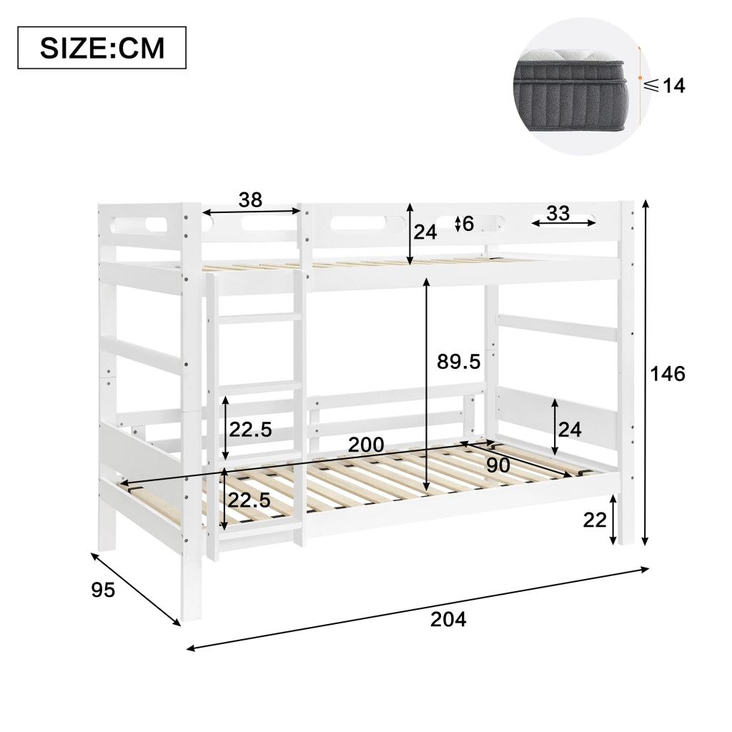 Letto a castello di 90x200 cm con sponda a scaletta in legno bianco