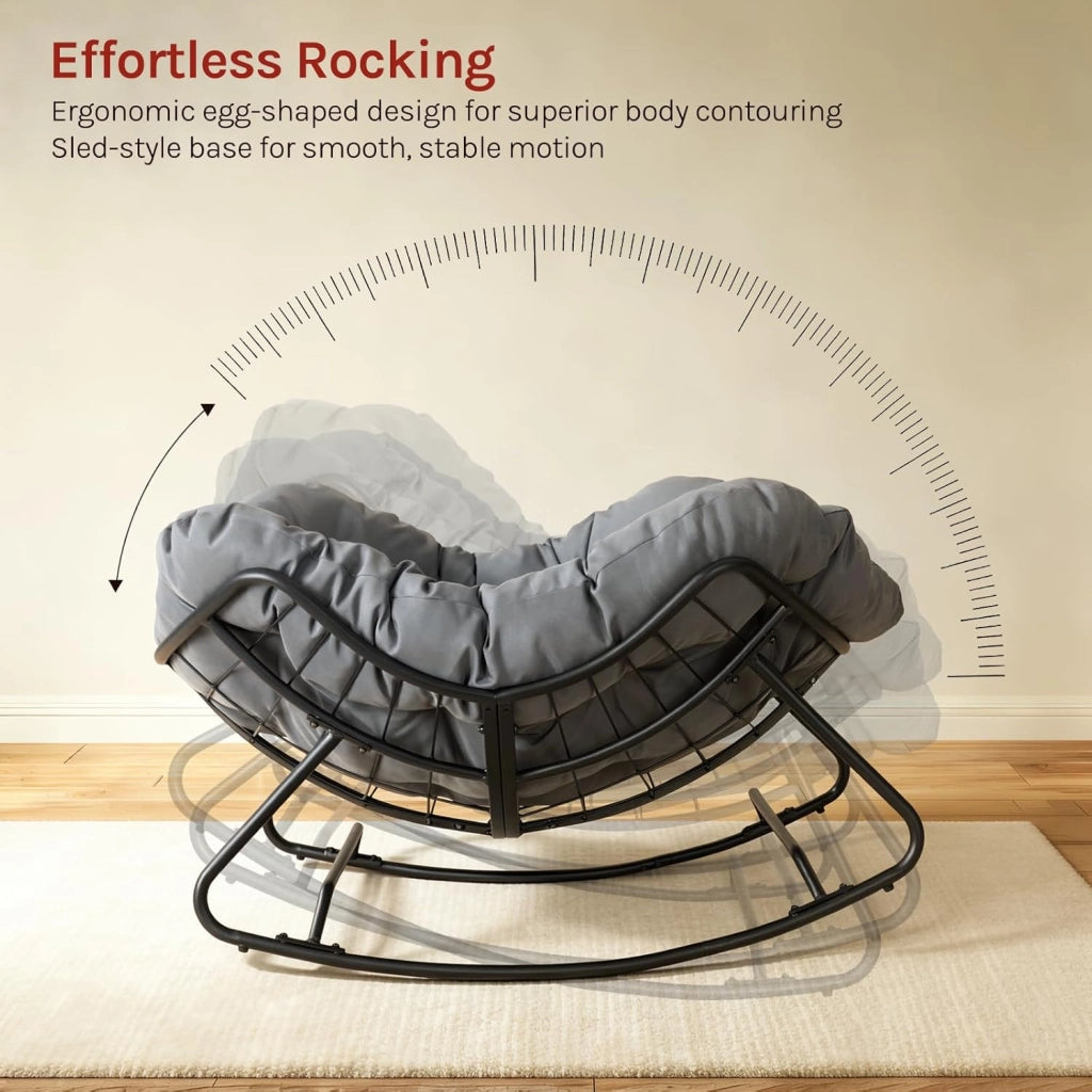 Sedia a Dondolo a Forma di Uovo, Poltrona Relax con Gambe Curve, Struttura in Metallo e Cuscino in Poliestere, Portata 150 kg, per Salotto e Balcone, Grigio Scuro