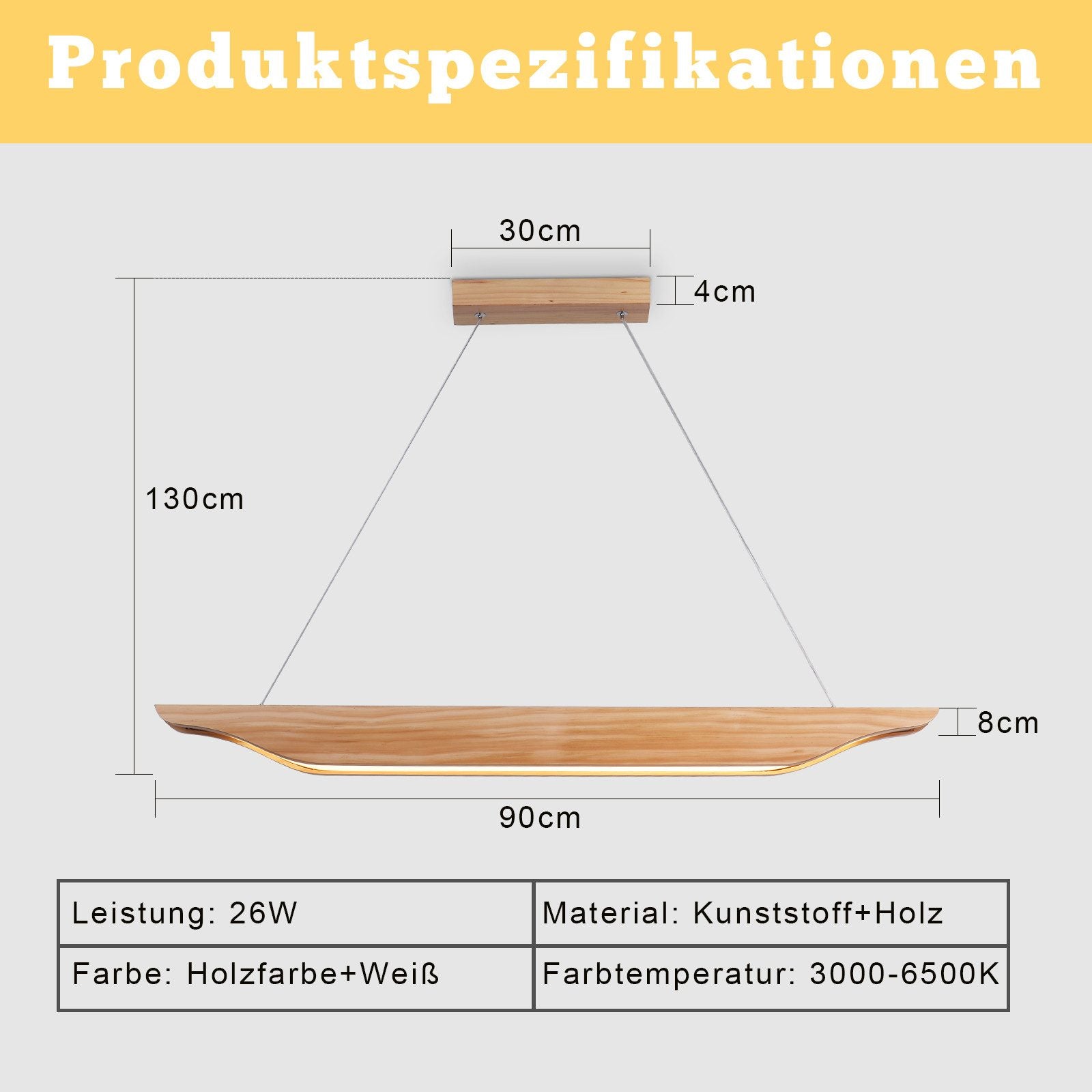 Lampada a sospensione ZMH moderna in legno da 90 cm per sala da pranzo dimmerabile con telecomando